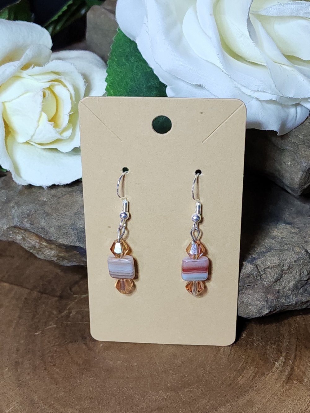 Hand Crafted Earrings With Peach & Amber Colored Glass & Crystal Beads